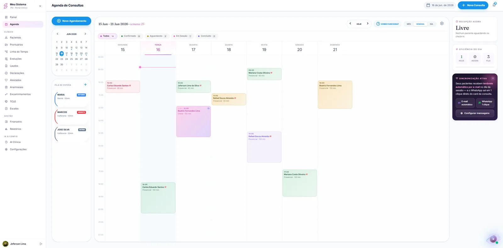 Agenda de consultas do Meu Sistema.PSI com a semana cheia, fila de espera e confirmações automáticas