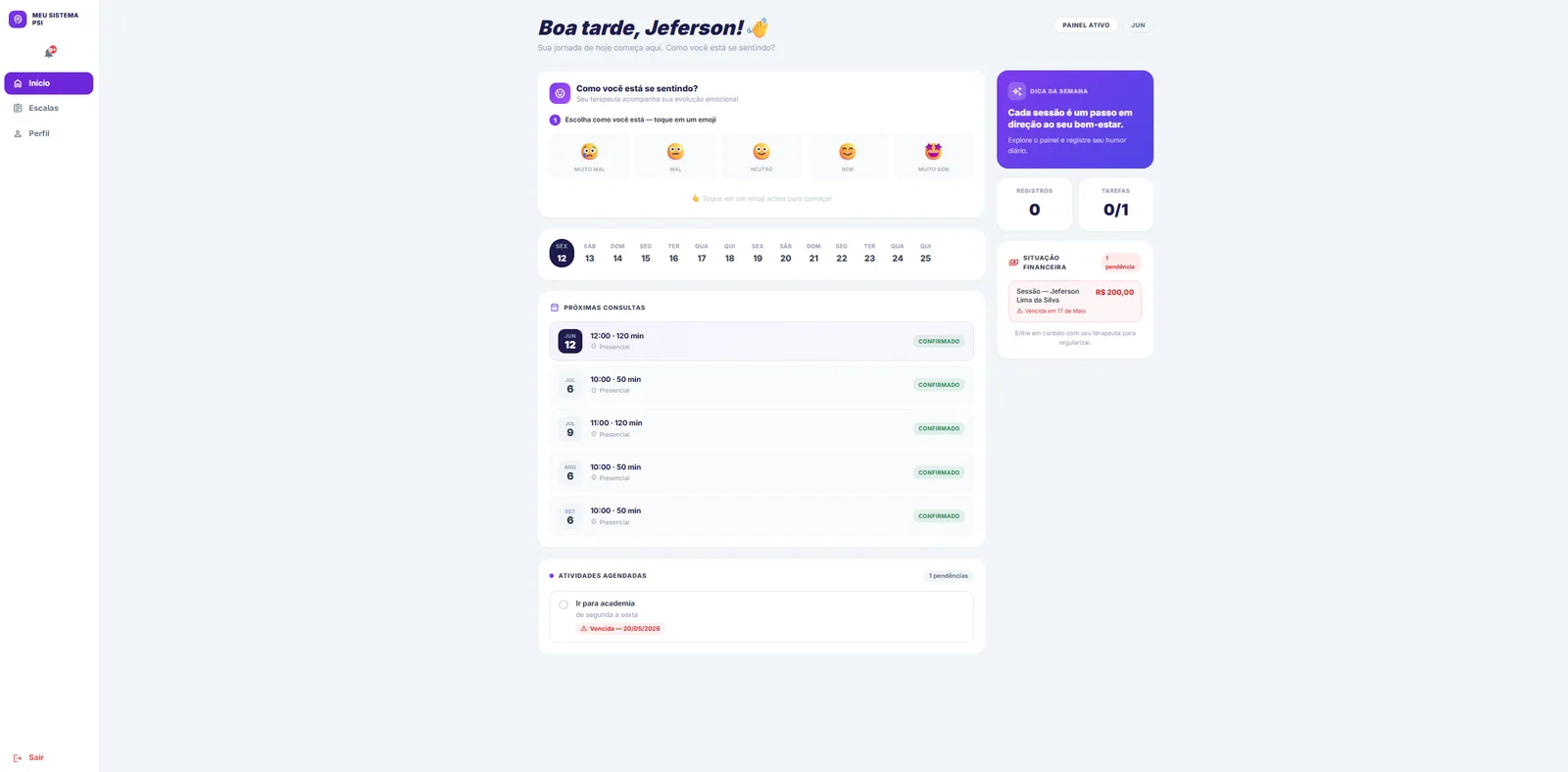 Portal do Paciente do Meu Sistema.PSI: registro de humor com emojis, próximas consultas e atividades